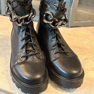 Karl Lagerfeld Maxi Chain Black Leather Combat Style Boot Size 8.5